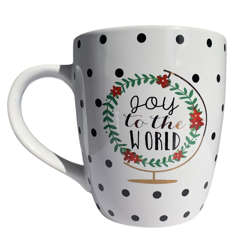 Clay Art Joy to the World Holiday Coffee Mug White Black Polka Dots Christmas